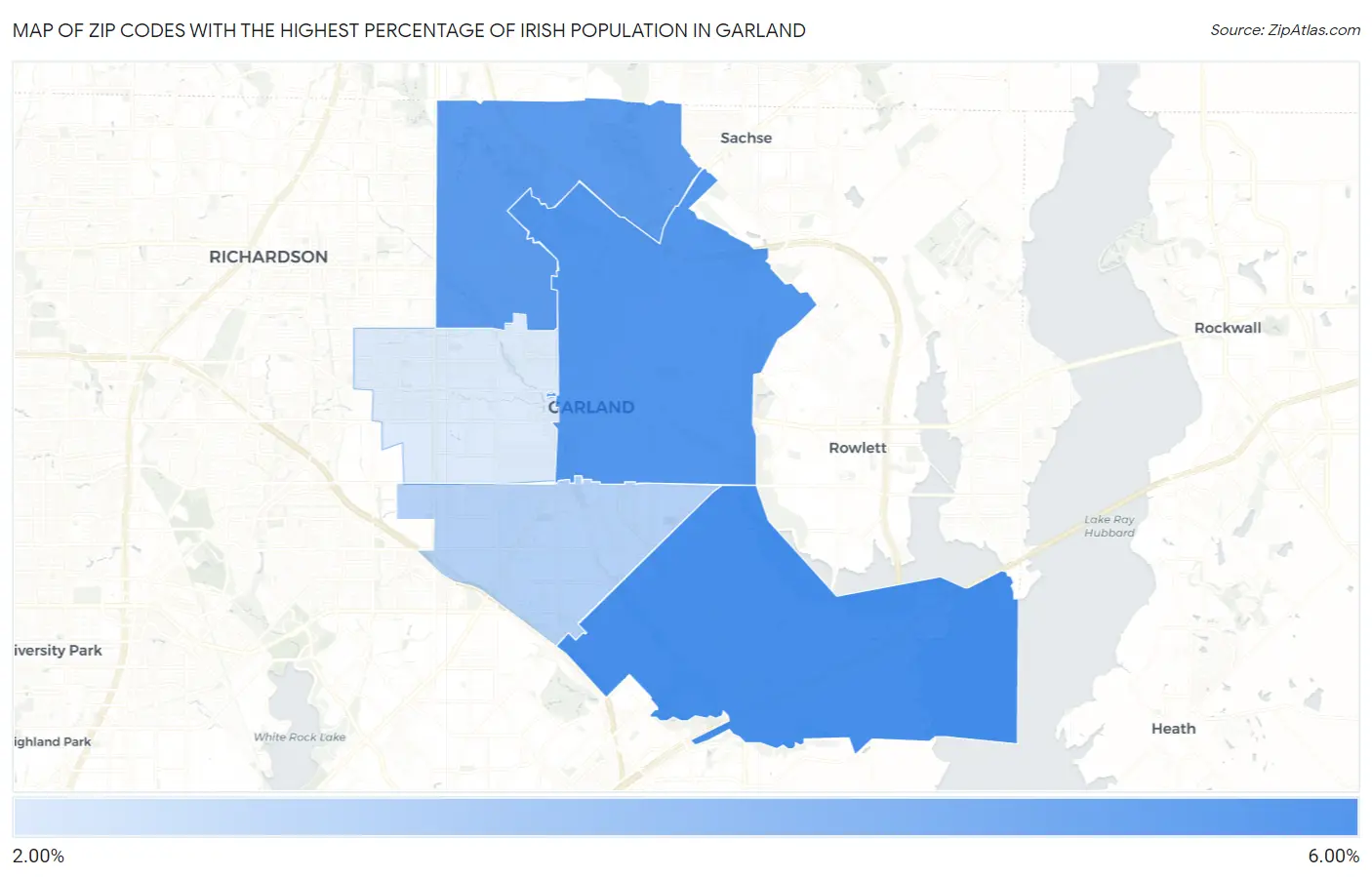 Zip Codes with the Highest Percentage of Irish Population in Garland Map