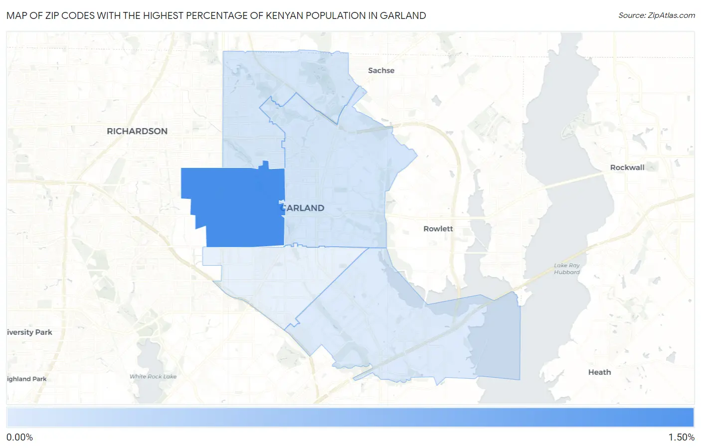 Zip Codes with the Highest Percentage of Kenyan Population in Garland Map