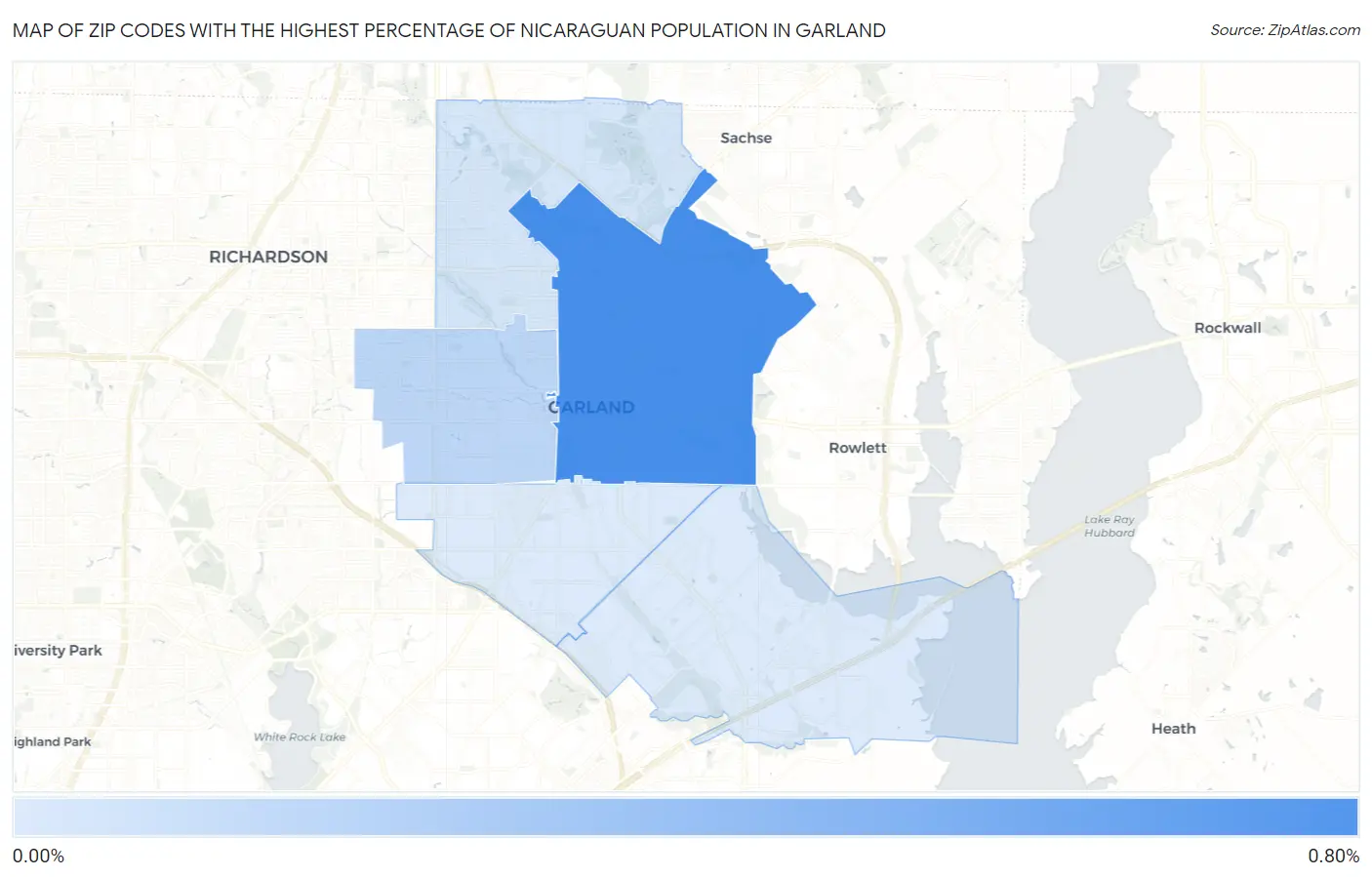 Zip Codes with the Highest Percentage of Nicaraguan Population in Garland Map