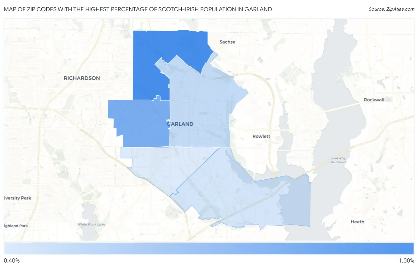 Zip Codes with the Highest Percentage of Scotch-Irish Population in Garland Map