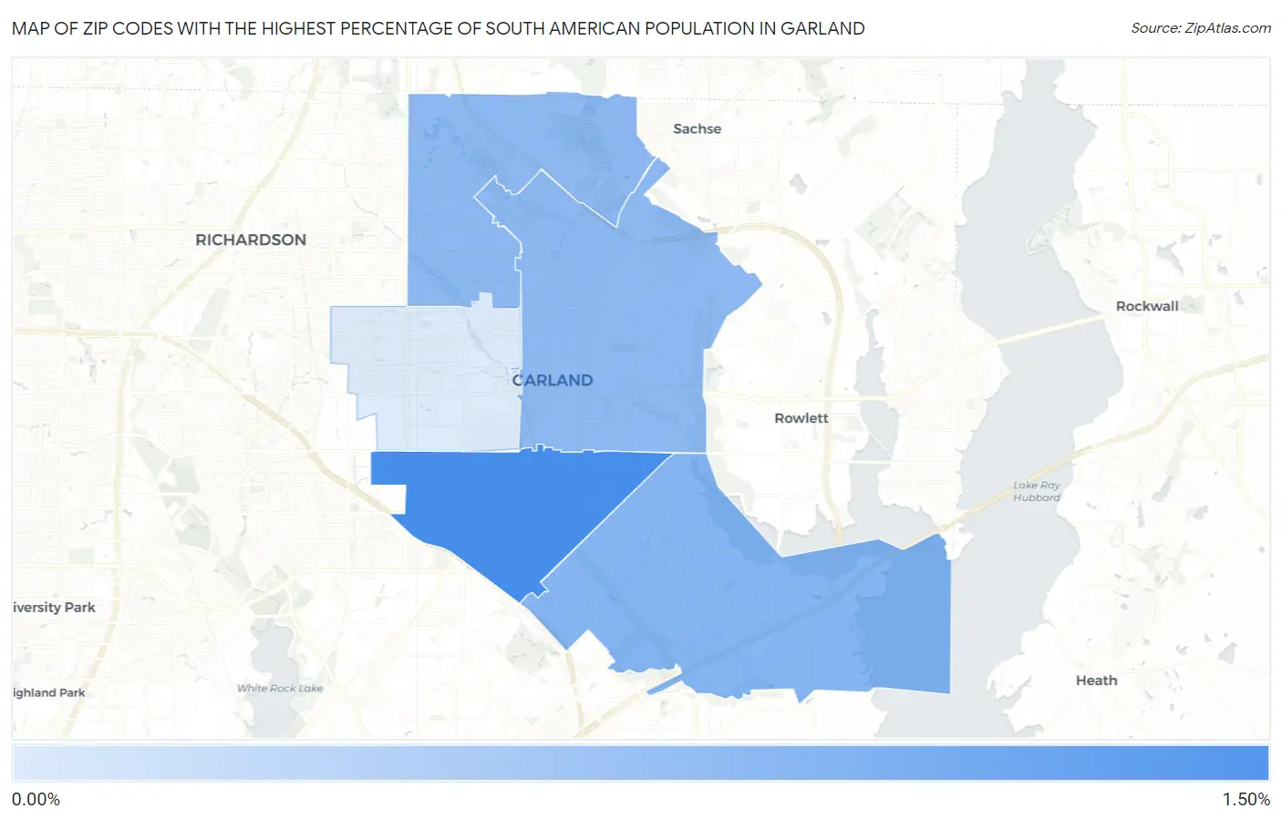 Zip Codes with the Highest Percentage of South American Population in Garland Map