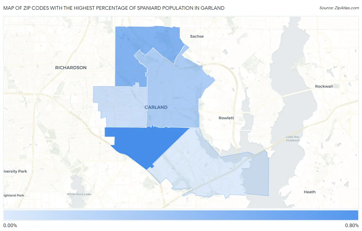 Zip Codes with the Highest Percentage of Spaniard Population in Garland Map