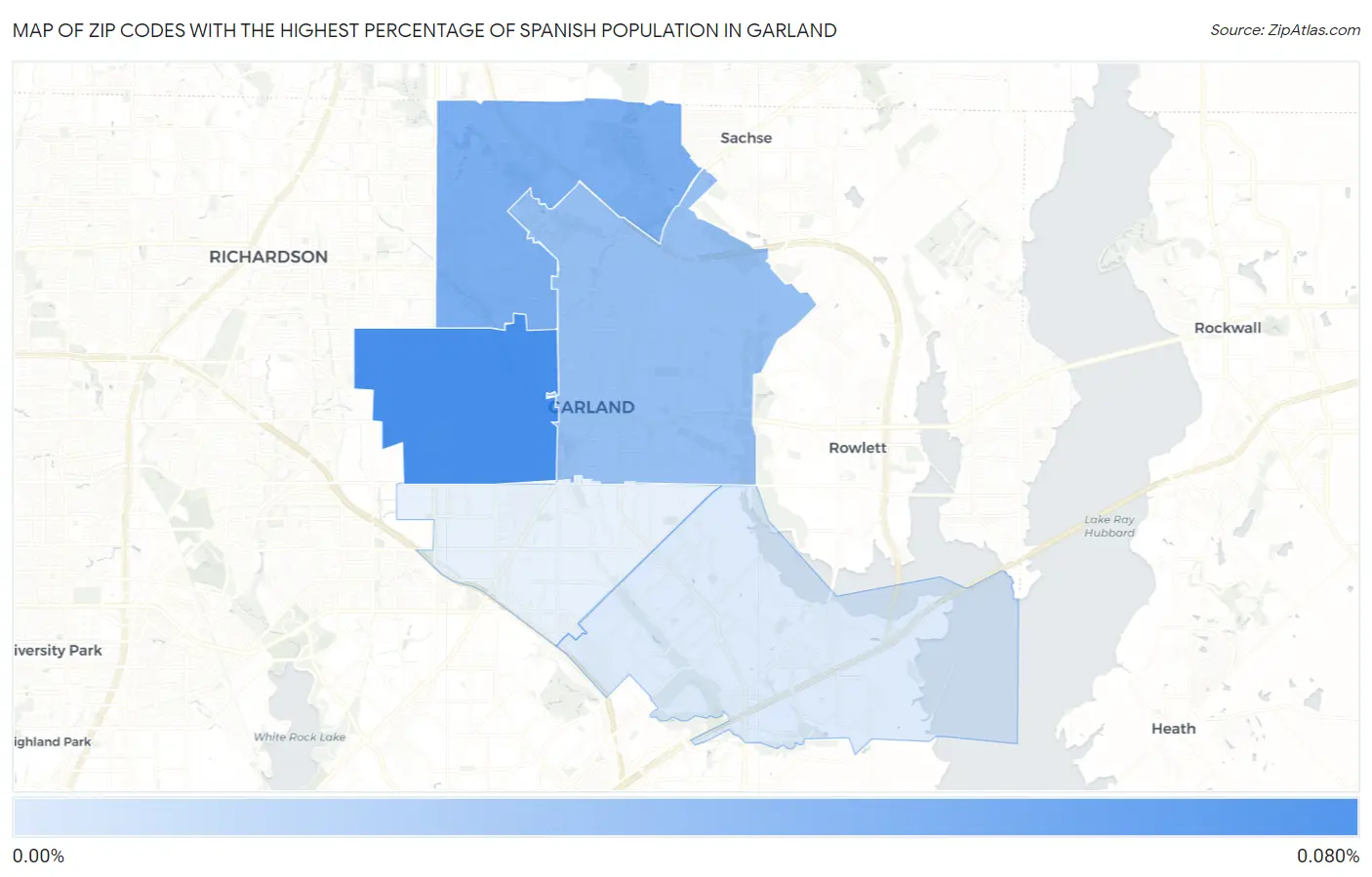 Zip Codes with the Highest Percentage of Spanish Population in Garland Map