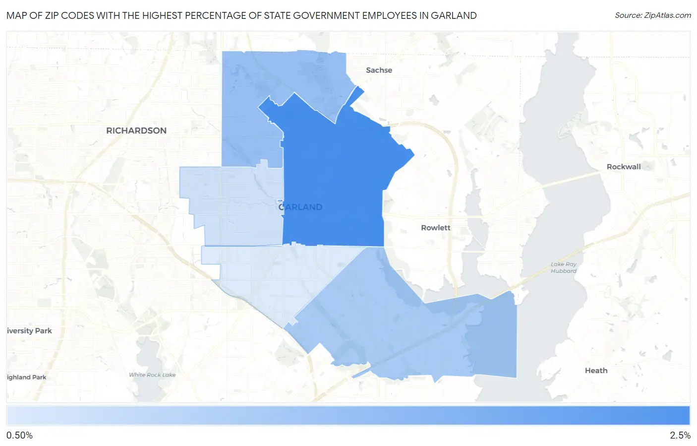 Zip Codes with the Highest Percentage of State Government Employees in Garland Map