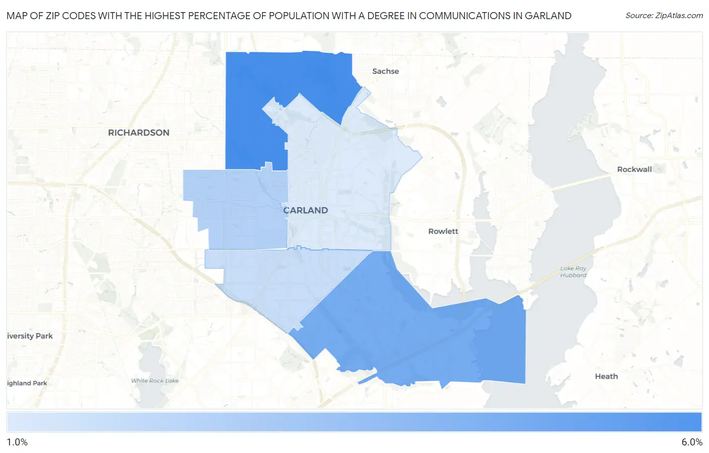 Zip Codes with the Highest Percentage of Population with a Degree in Communications in Garland Map