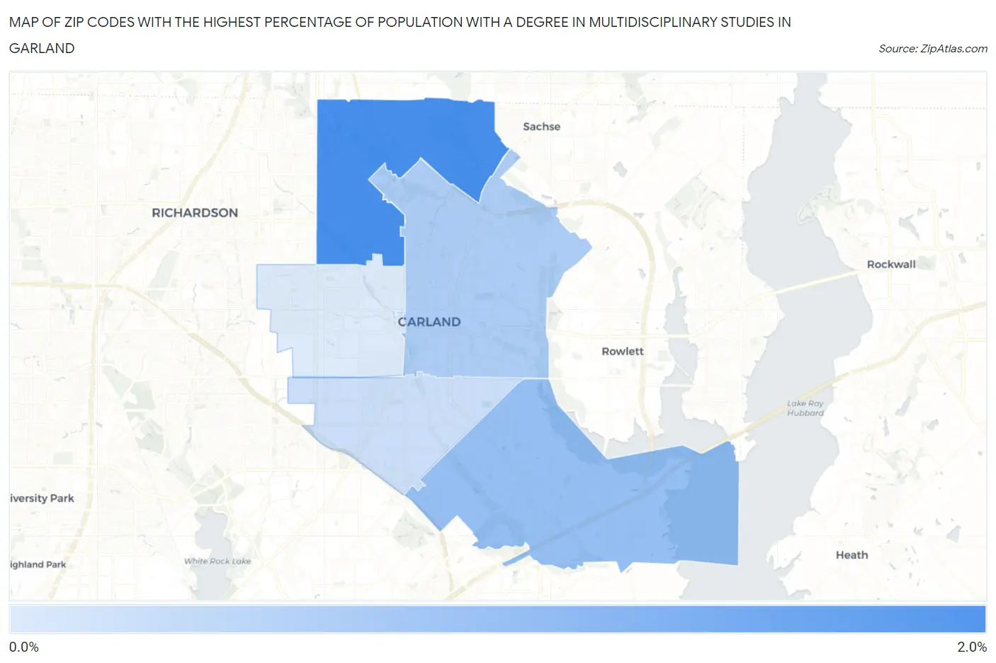 Zip Codes with the Highest Percentage of Population with a Degree in Multidisciplinary Studies in Garland Map