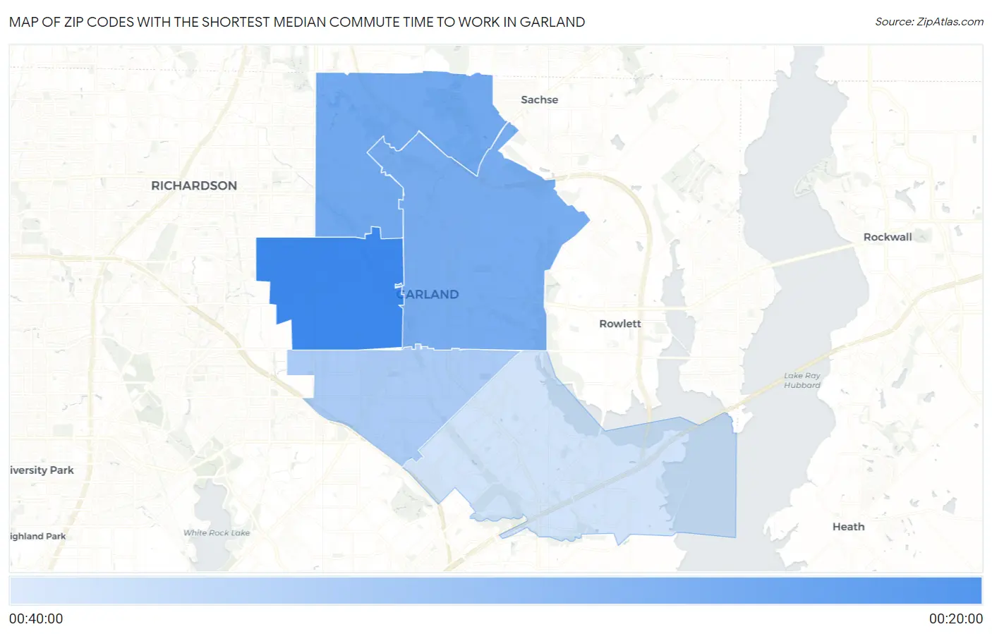 Zip Codes with the Shortest Median Commute Time to Work in Garland Map
