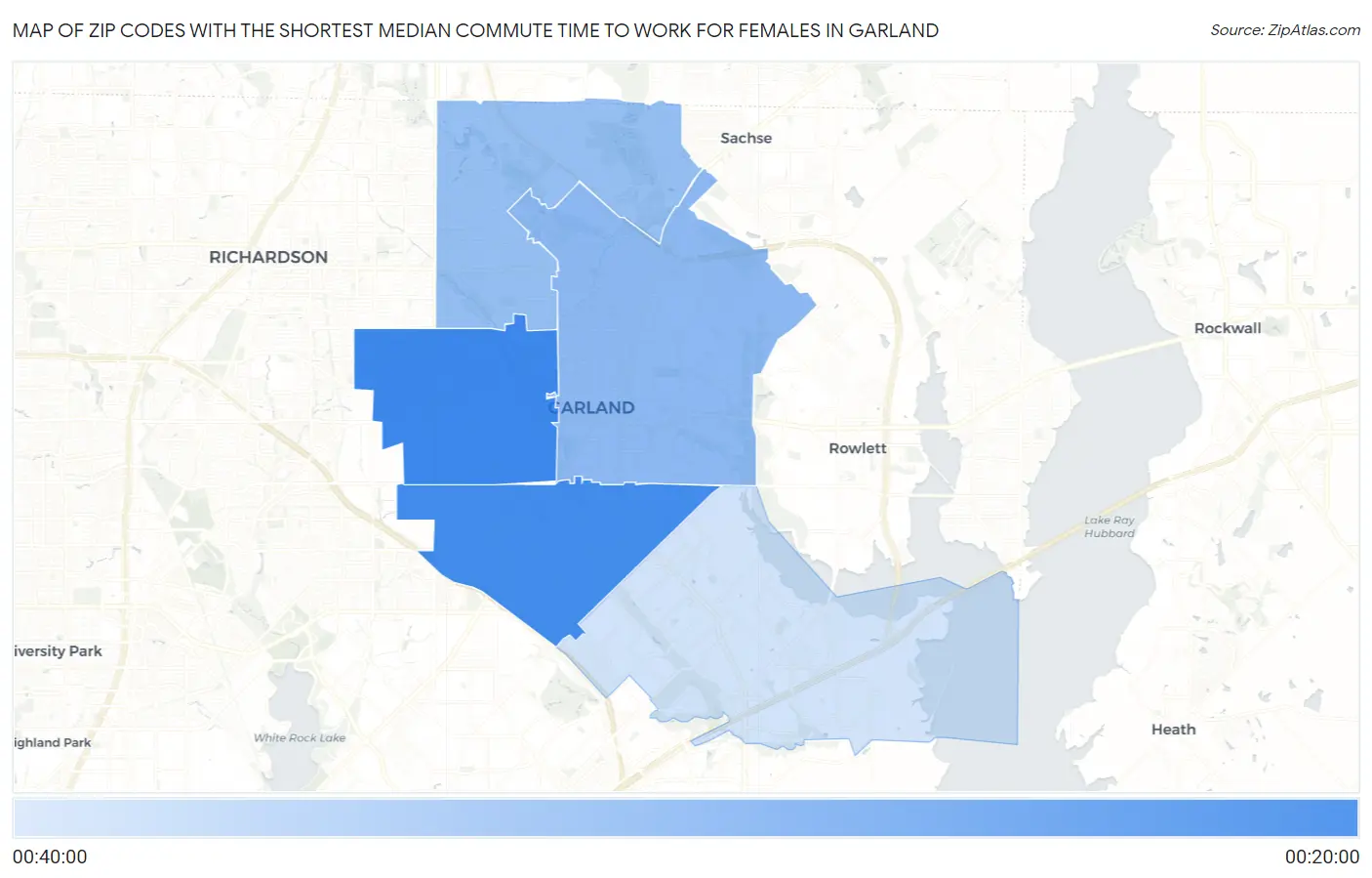Zip Codes with the Shortest Median Commute Time to Work for Females in Garland Map