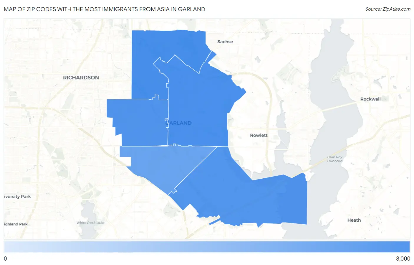 Zip Codes with the Most Immigrants from Asia in Garland Map