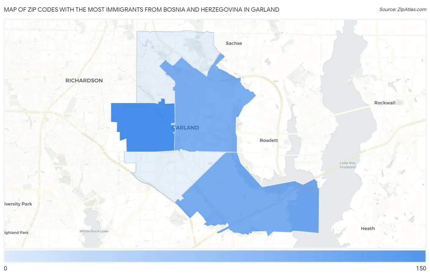Zip Codes with the Most Immigrants from Bosnia and Herzegovina in Garland Map