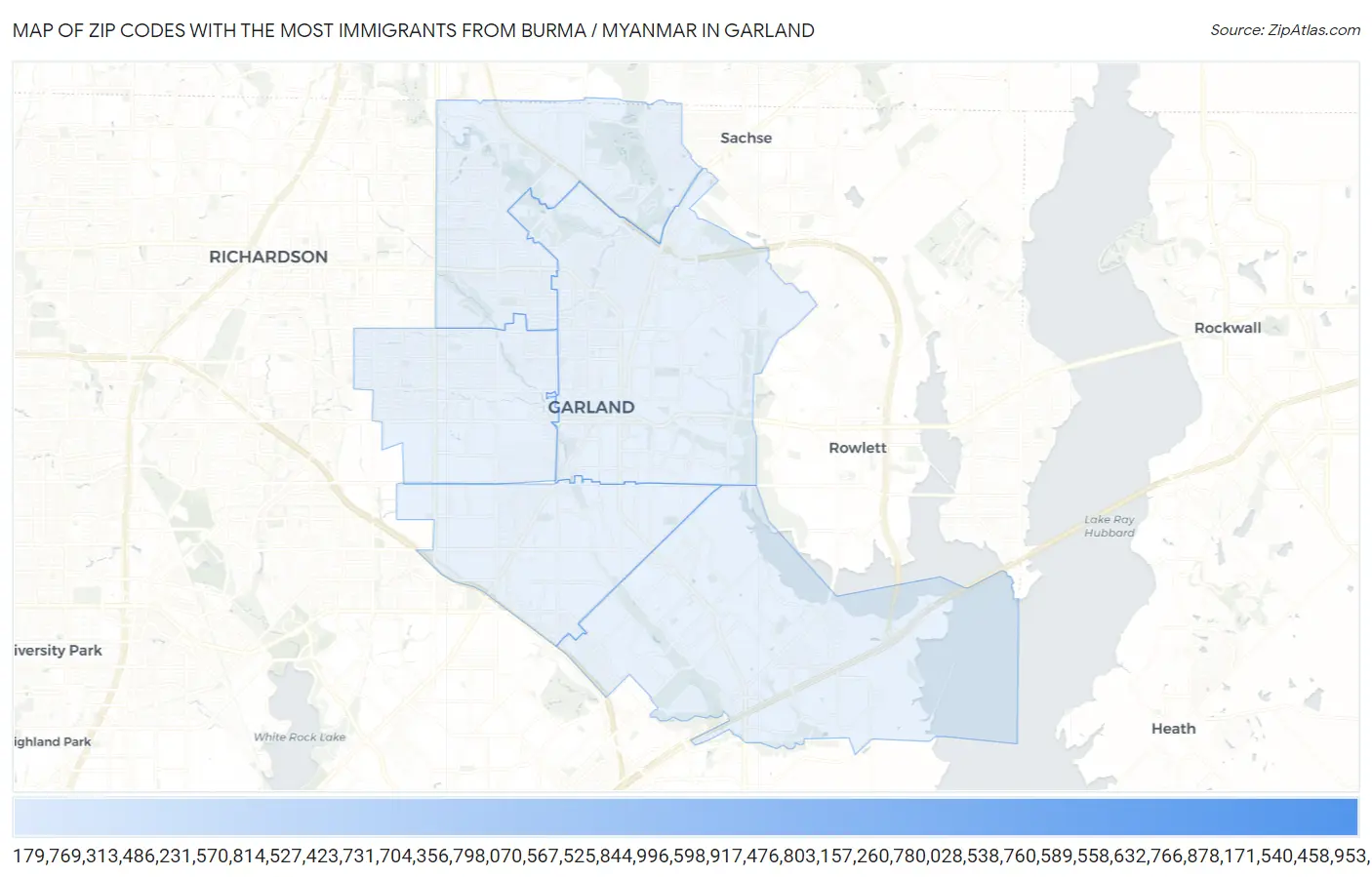 Zip Codes with the Most Immigrants from Burma / Myanmar in Garland Map