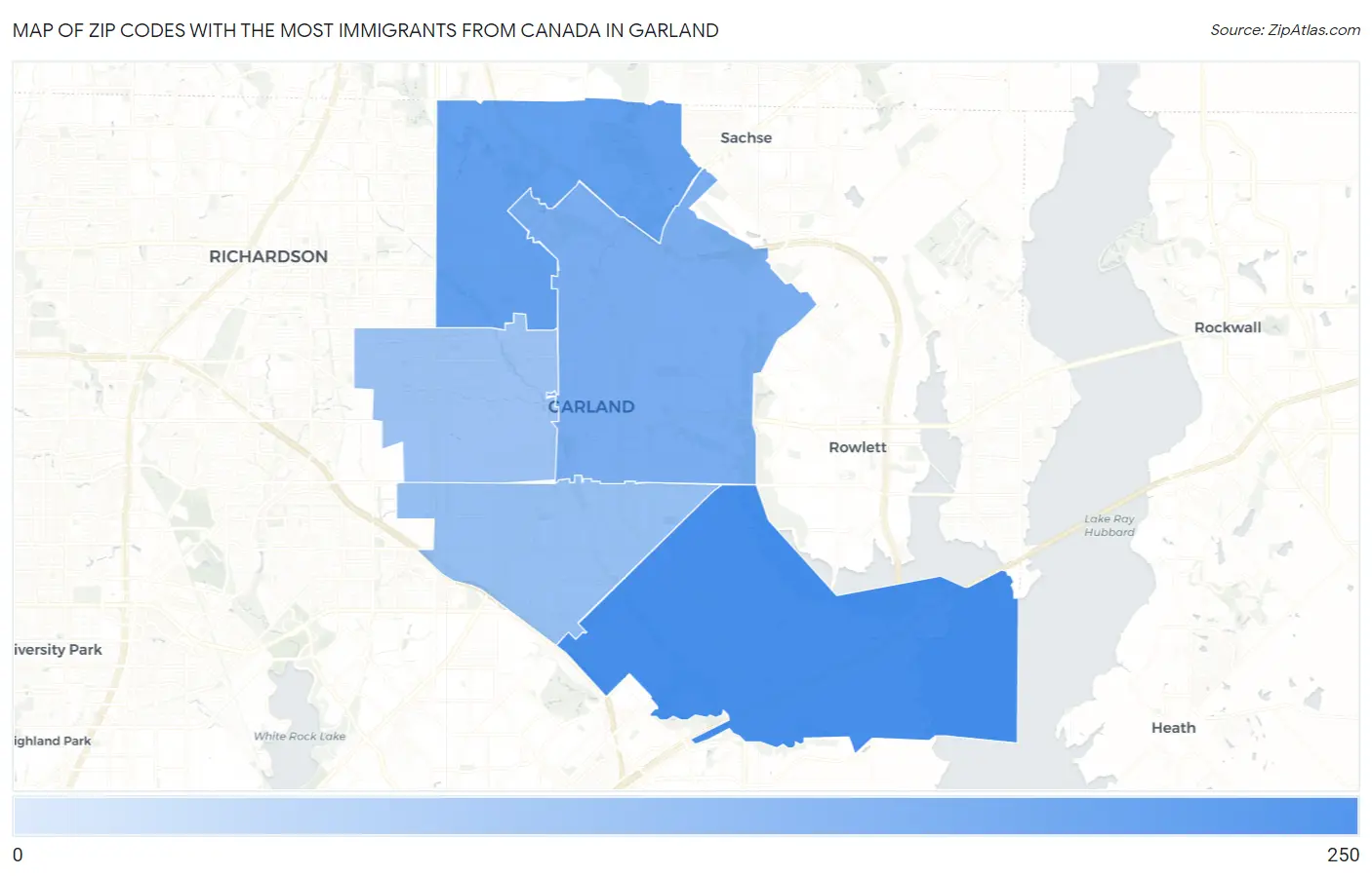 Zip Codes with the Most Immigrants from Canada in Garland Map