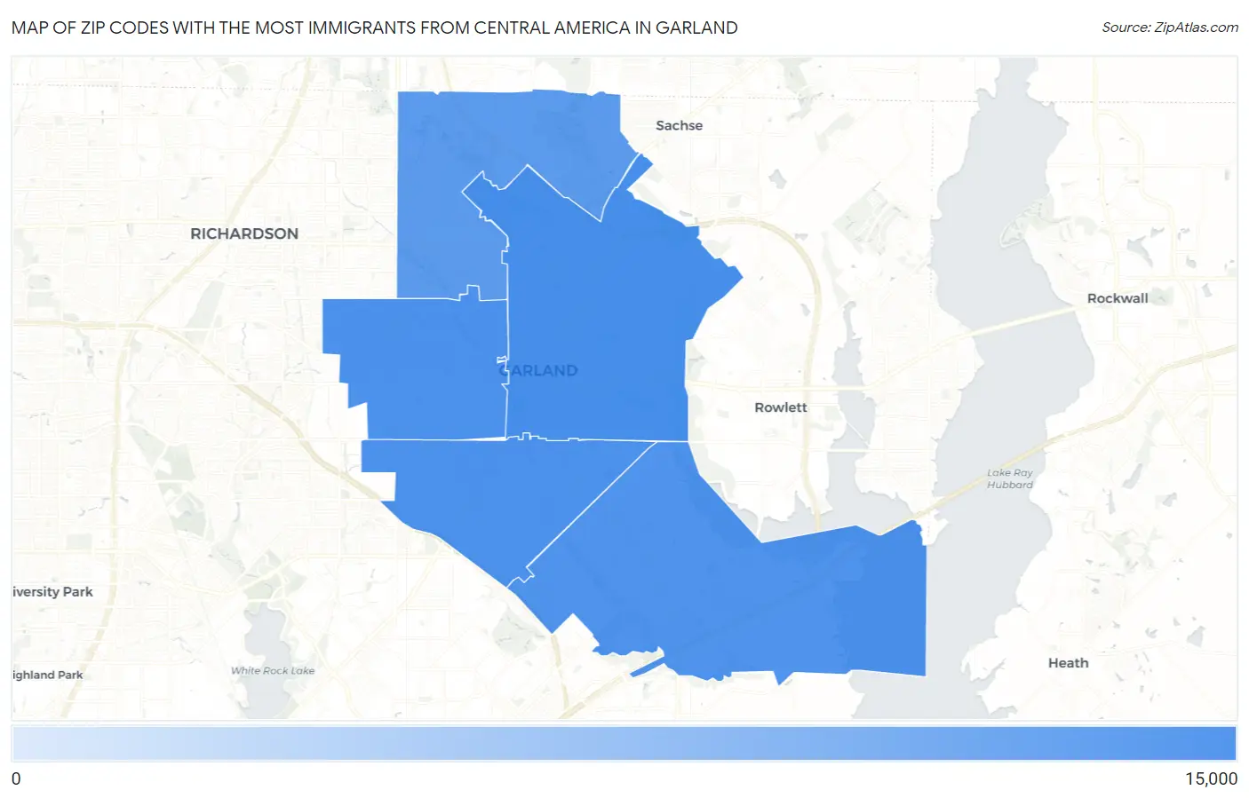 Zip Codes with the Most Immigrants from Central America in Garland Map