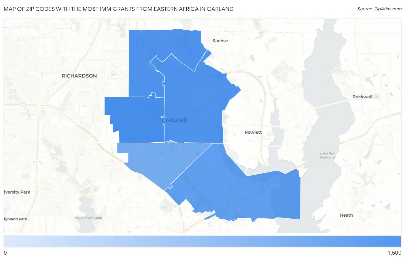 Zip Codes with the Most Immigrants from Eastern Africa in Garland Map