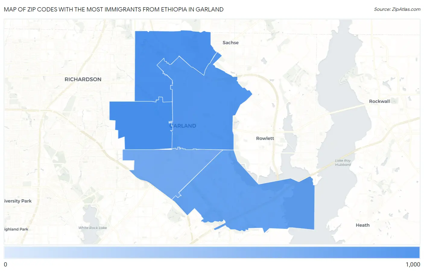 Zip Codes with the Most Immigrants from Ethiopia in Garland Map