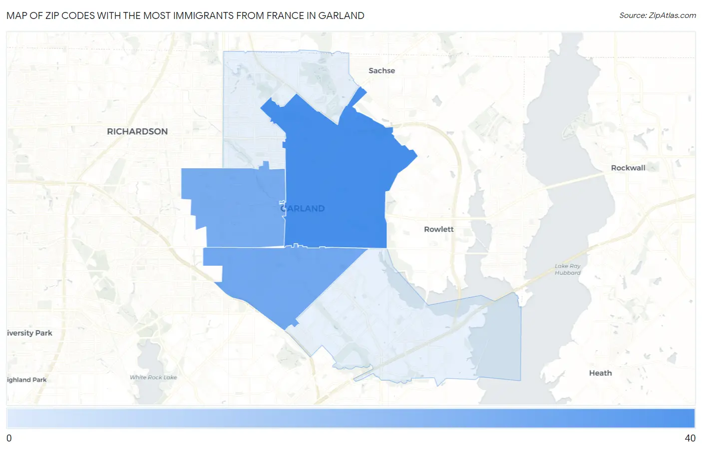Zip Codes with the Most Immigrants from France in Garland Map