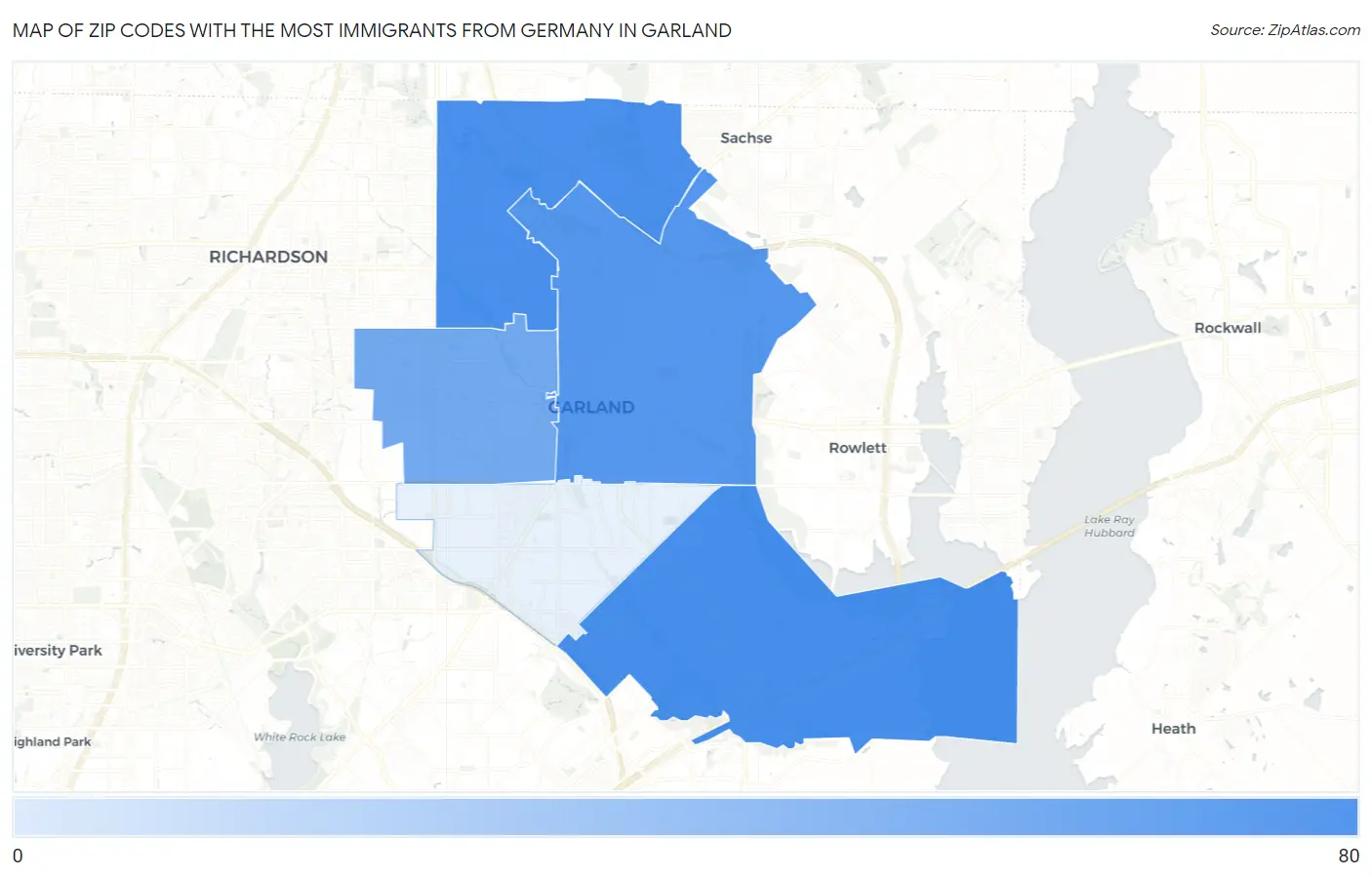 Zip Codes with the Most Immigrants from Germany in Garland Map