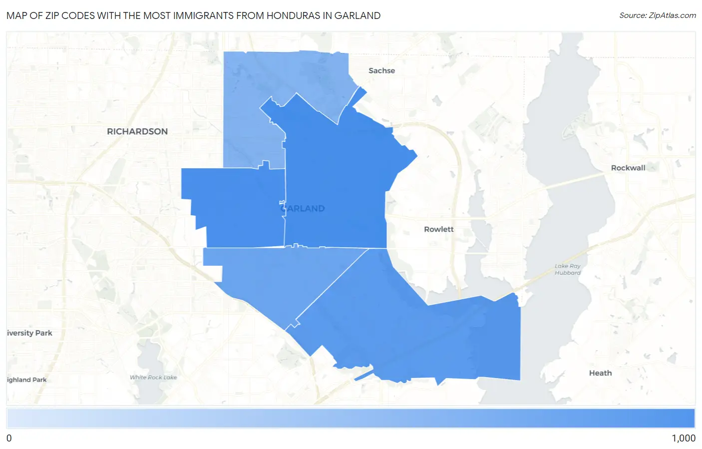 Zip Codes with the Most Immigrants from Honduras in Garland Map