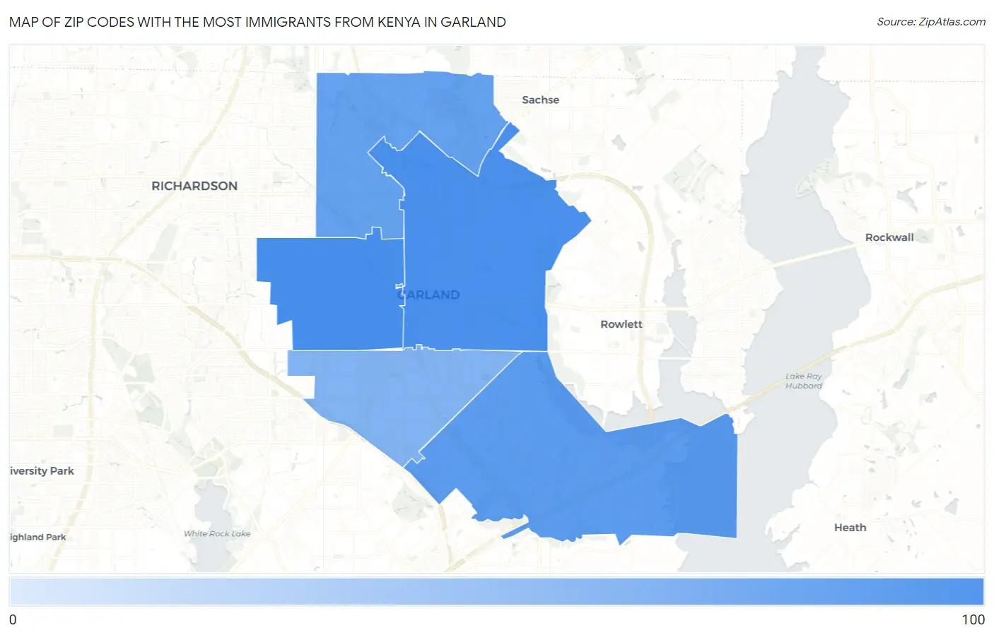 Zip Codes with the Most Immigrants from Kenya in Garland Map