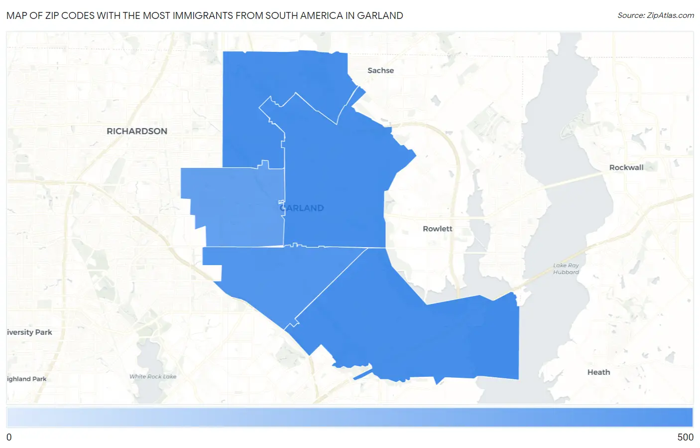 Zip Codes with the Most Immigrants from South America in Garland Map