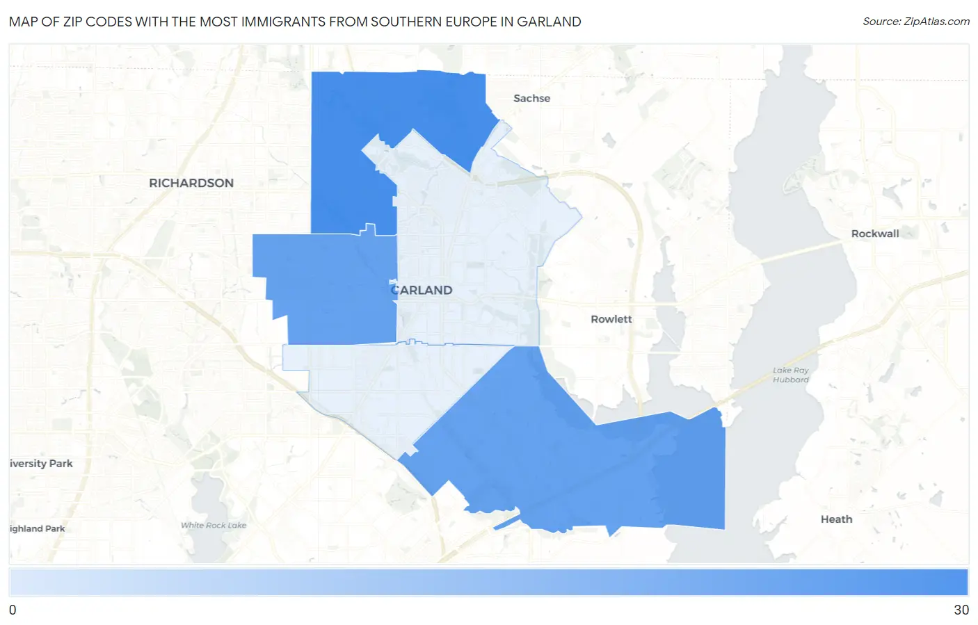 Zip Codes with the Most Immigrants from Southern Europe in Garland Map