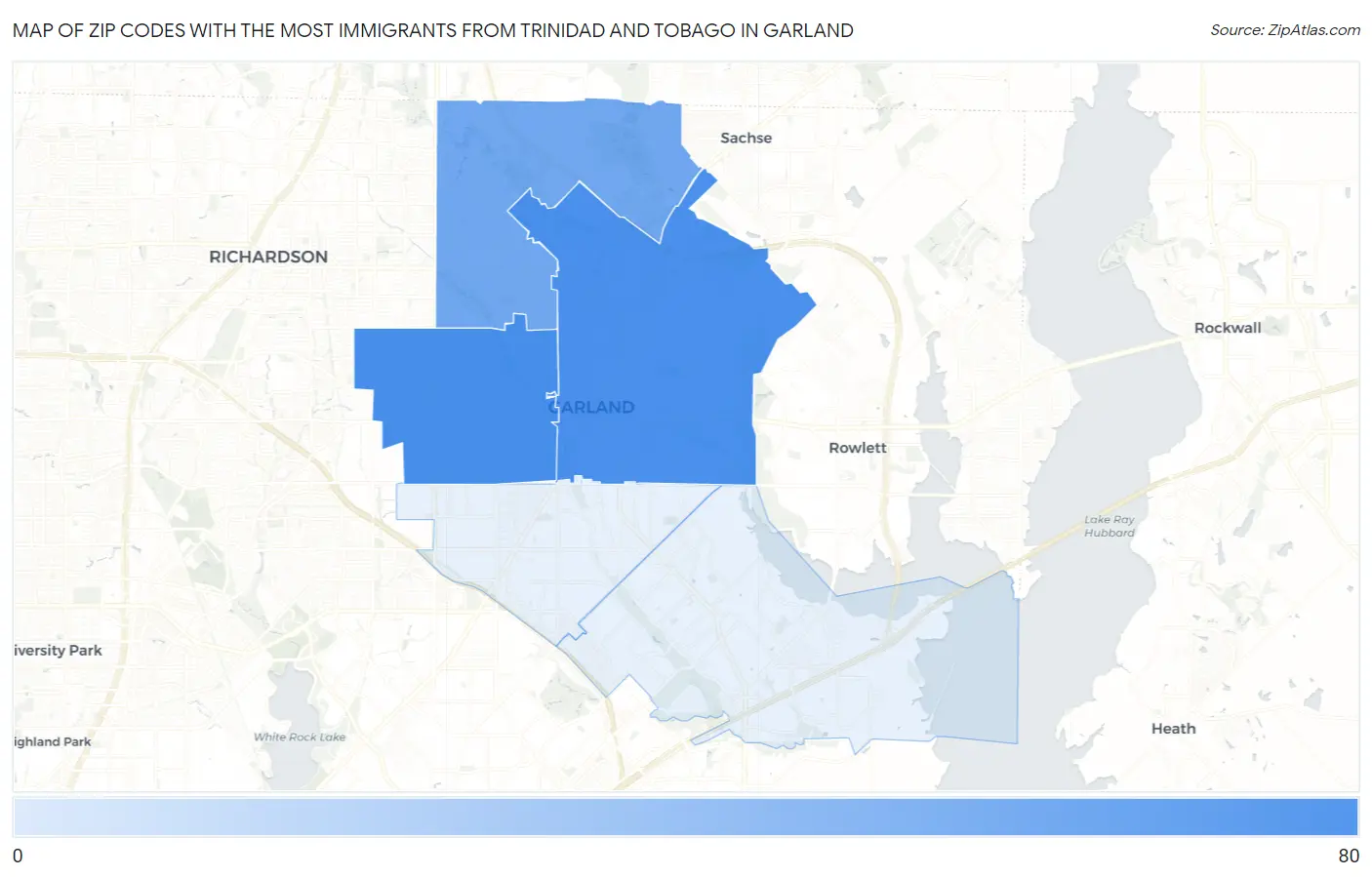 Zip Codes with the Most Immigrants from Trinidad and Tobago in Garland Map