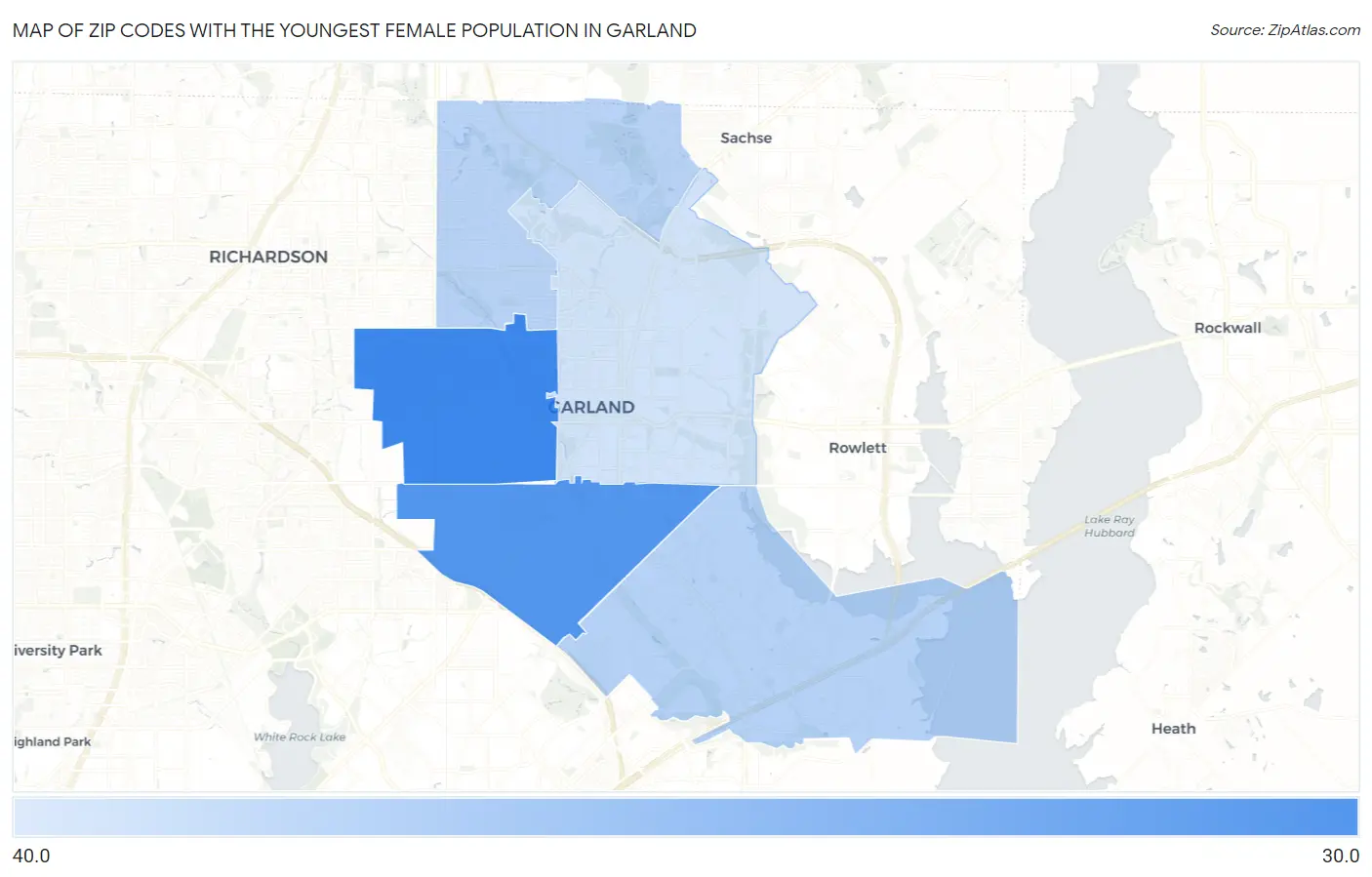Zip Codes with the Youngest Female Population in Garland Map