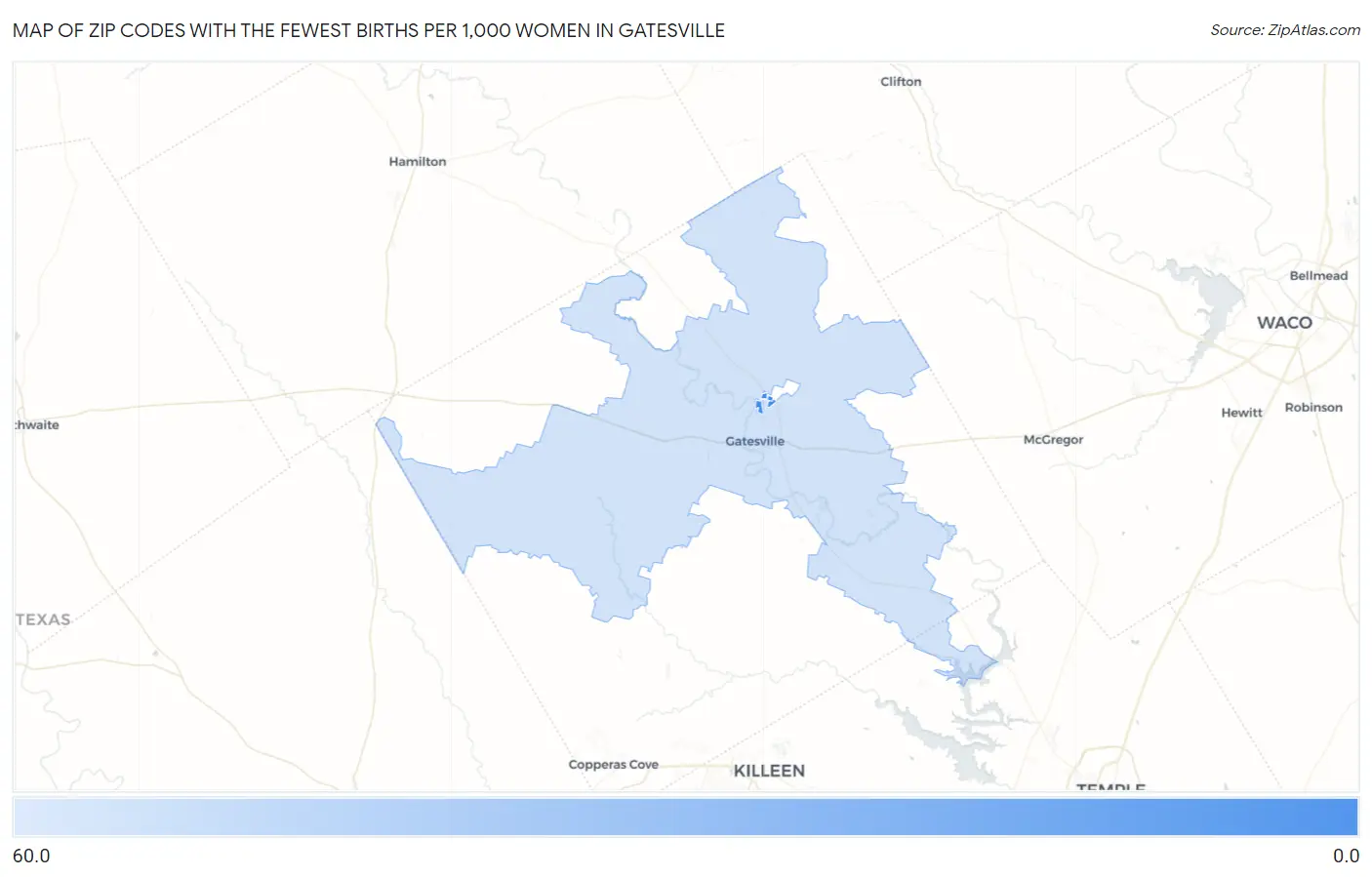 Zip Codes with the Fewest Births per 1,000 Women in Gatesville Map