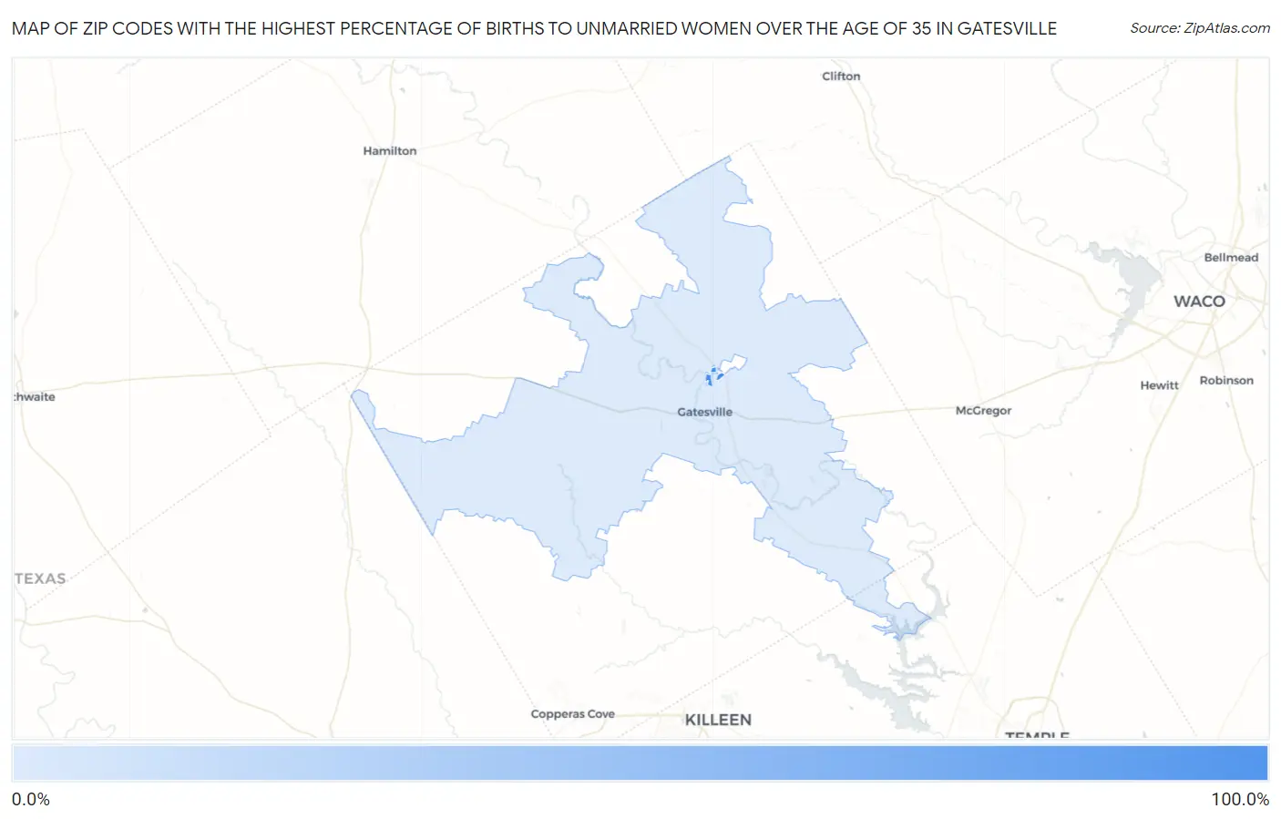 Zip Codes with the Highest Percentage of Births to Unmarried Women over the Age of 35 in Gatesville Map