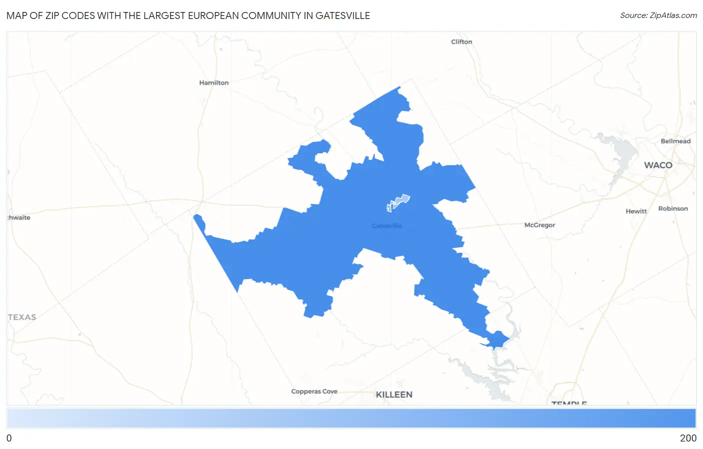 Zip Codes with the Largest European Community in Gatesville Map