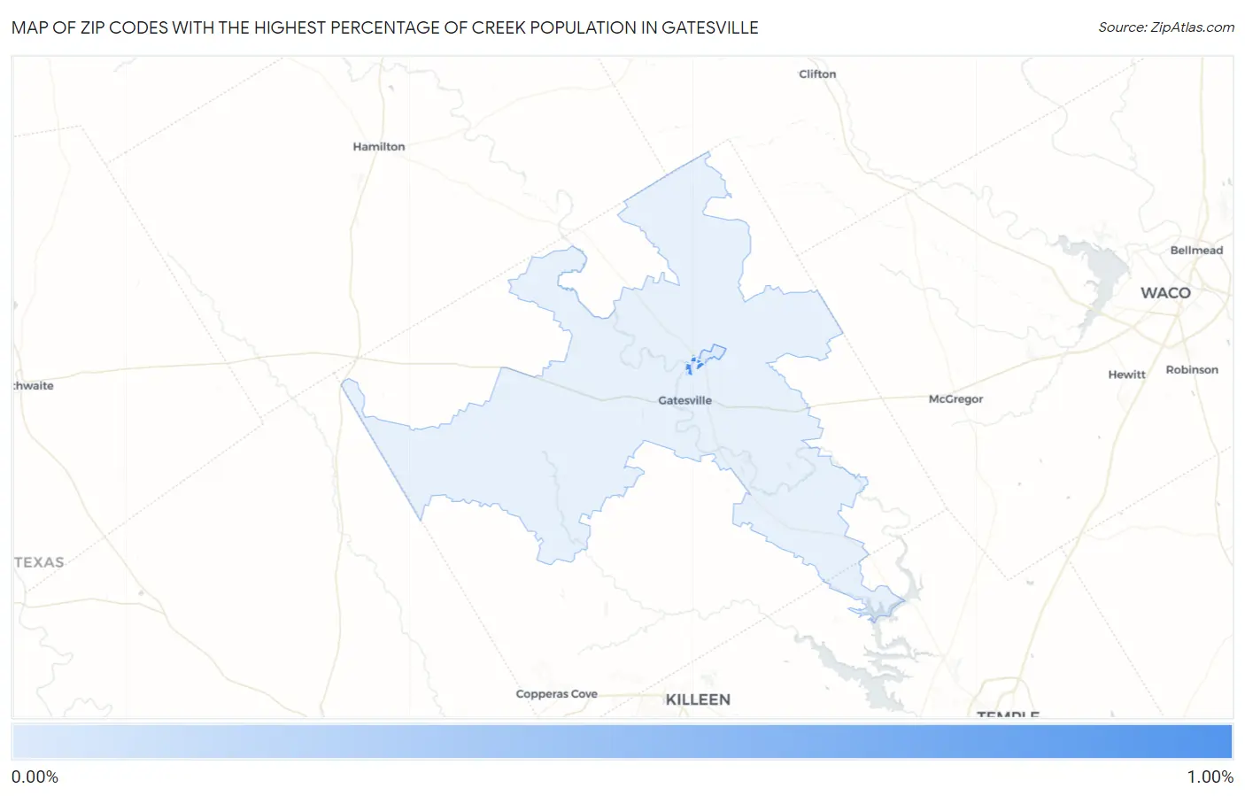 Zip Codes with the Highest Percentage of Creek Population in Gatesville Map