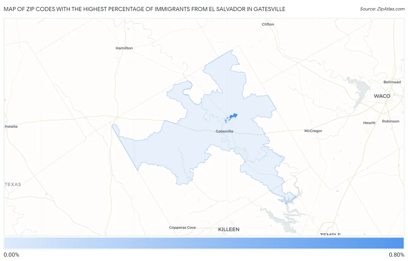 Zip Codes with the Highest Percentage of Immigrants from El Salvador in Gatesville Map