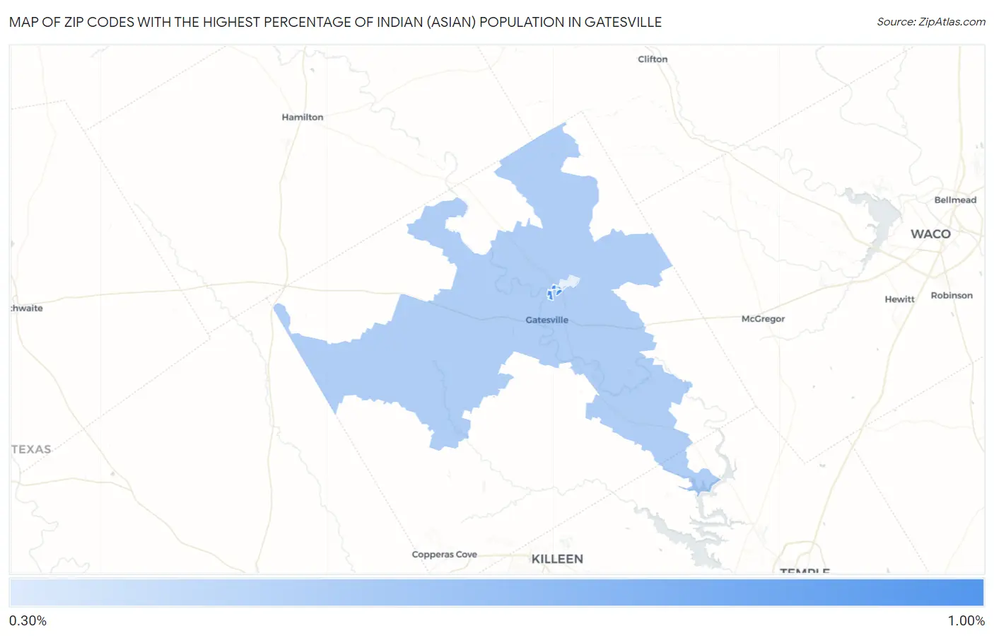 Zip Codes with the Highest Percentage of Indian (Asian) Population in Gatesville Map