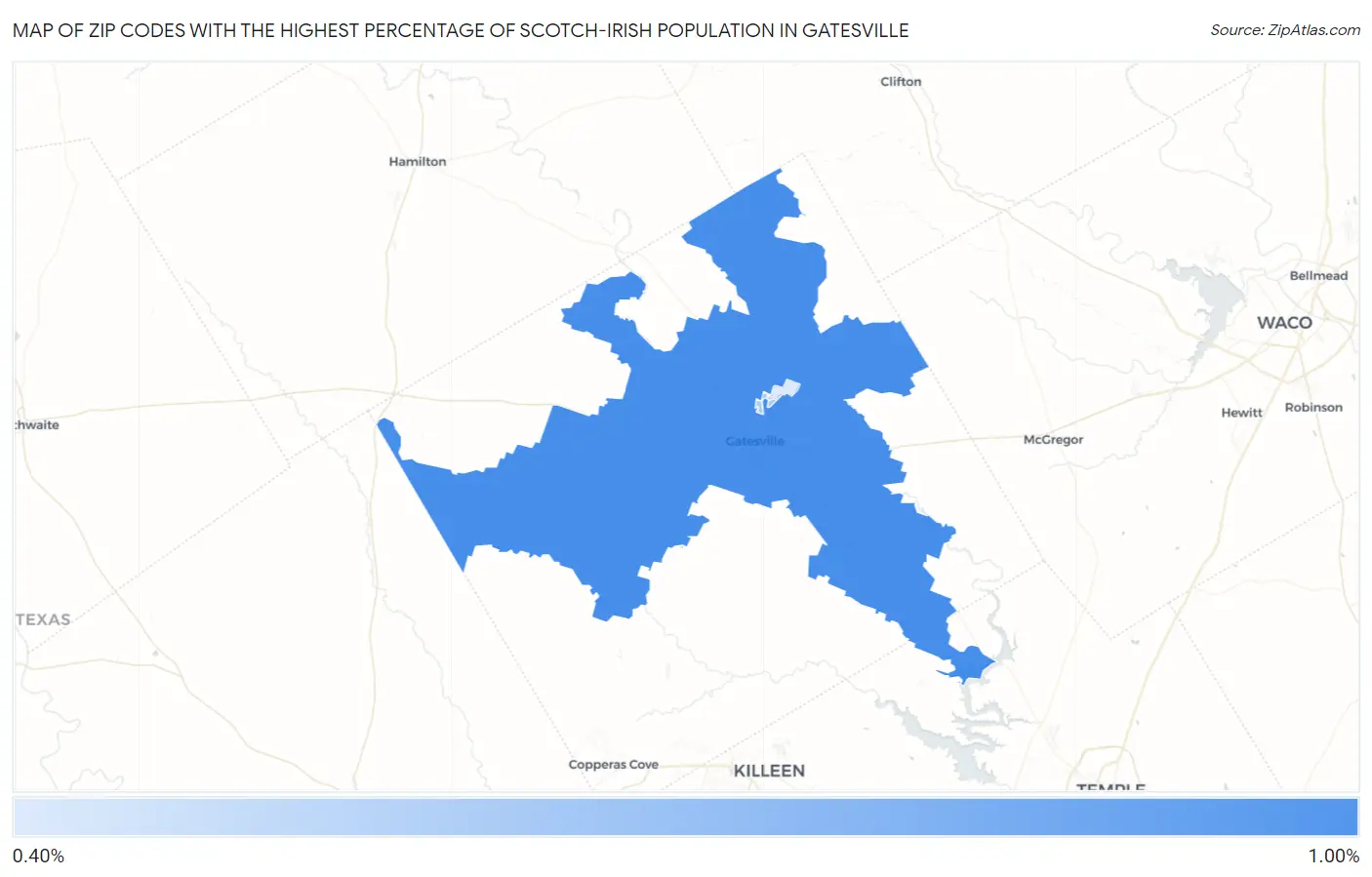 Zip Codes with the Highest Percentage of Scotch-Irish Population in Gatesville Map