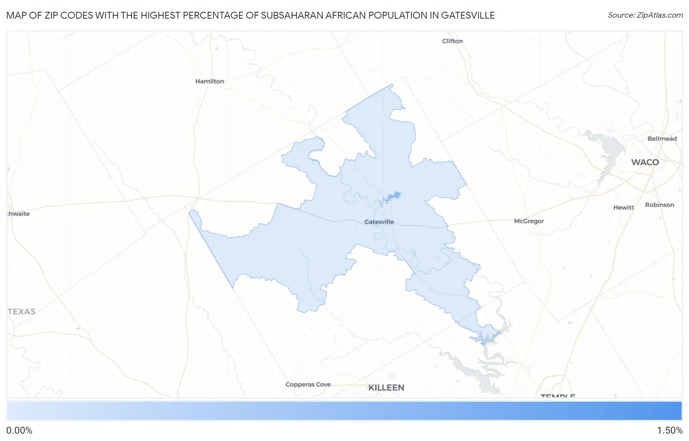 Zip Codes with the Highest Percentage of Subsaharan African Population in Gatesville Map