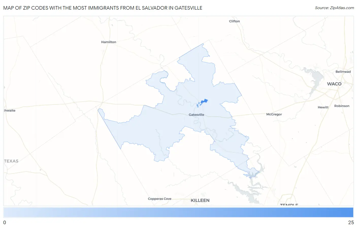 Zip Codes with the Most Immigrants from El Salvador in Gatesville Map