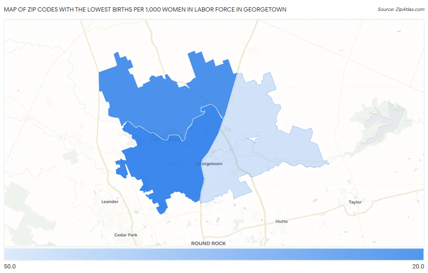 Zip Codes with the Lowest Births per 1,000 Women in Labor Force in Georgetown Map