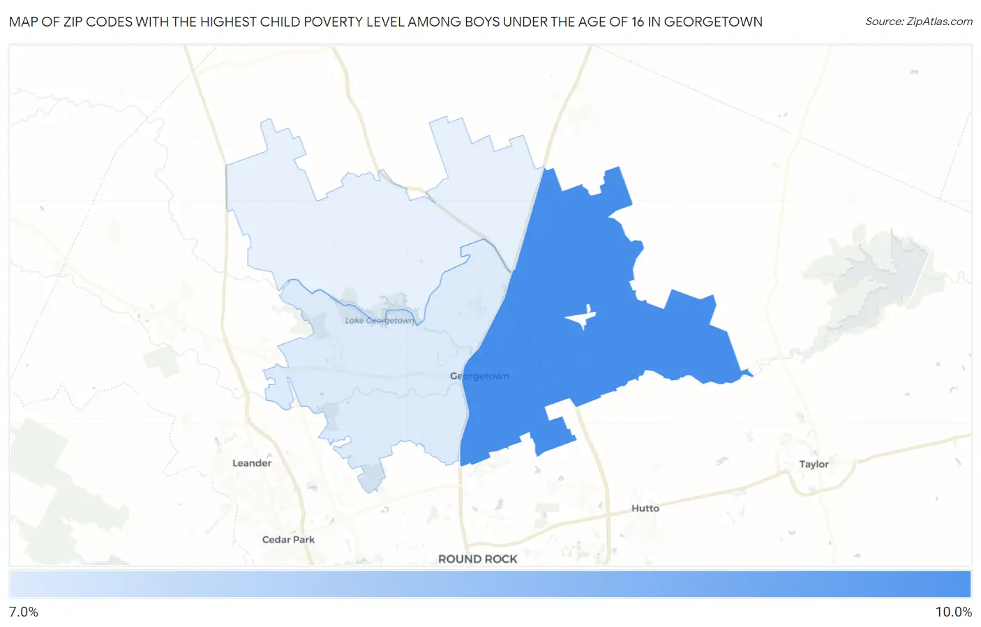 Zip Codes with the Highest Child Poverty Level Among Boys Under the Age of 16 in Georgetown Map