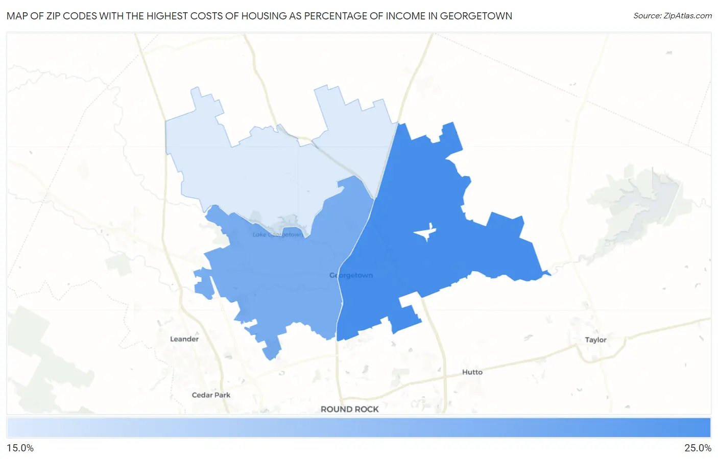 Zip Codes with the Highest Costs of Housing as Percentage of Income in Georgetown Map