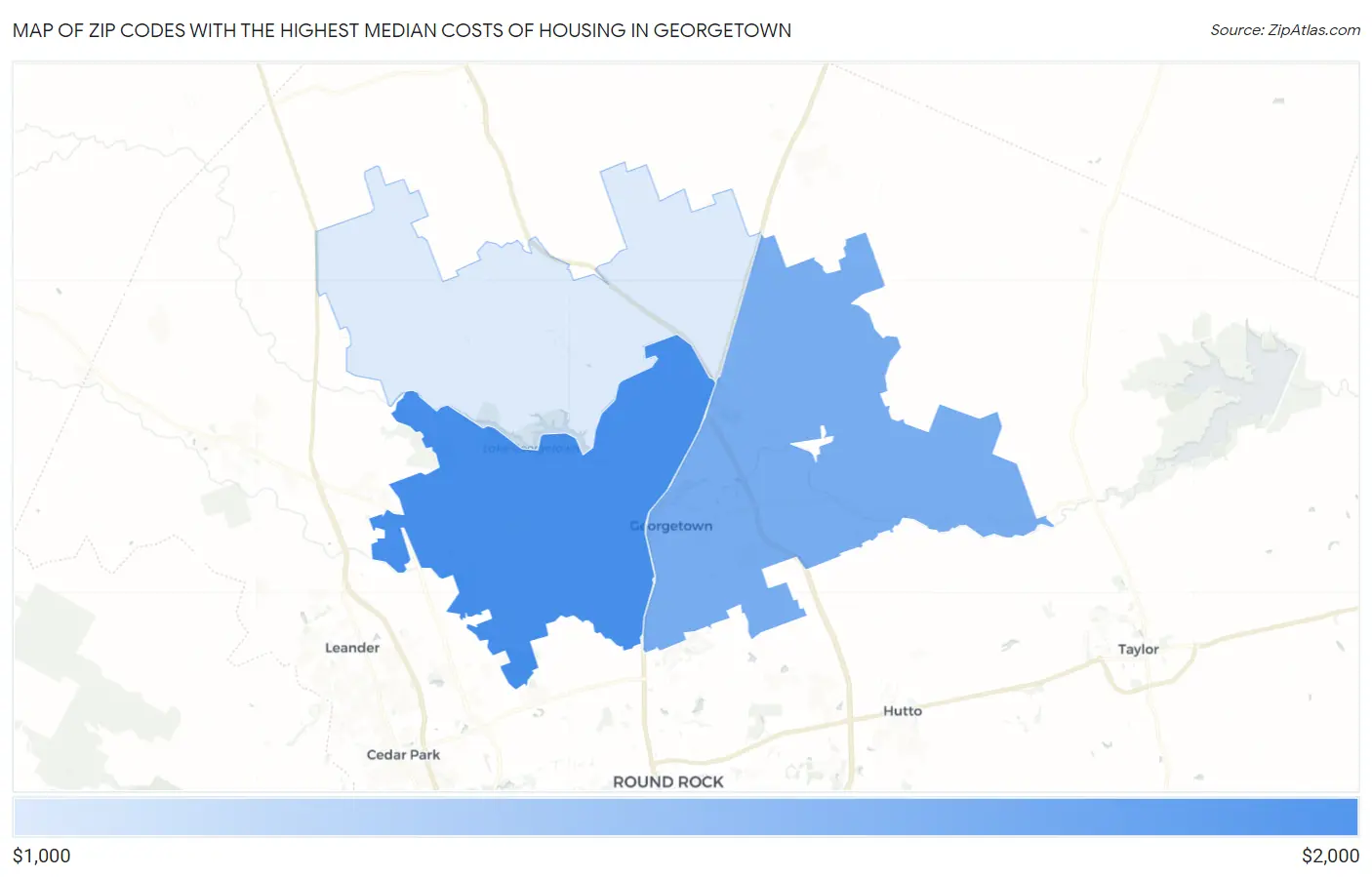 Zip Codes with the Highest Median Costs of Housing in Georgetown Map