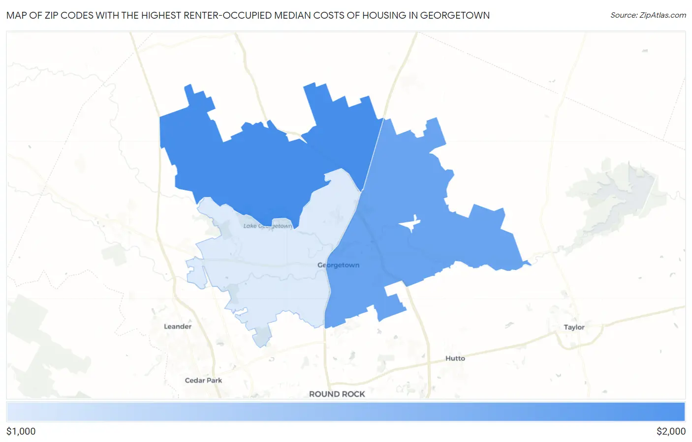 Zip Codes with the Highest Renter-Occupied Median Costs of Housing in Georgetown Map