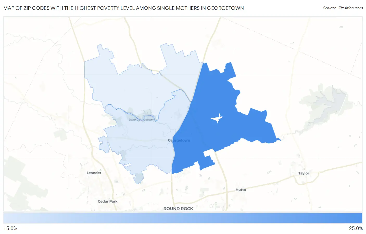 Zip Codes with the Highest Poverty Level Among Single Mothers in Georgetown Map