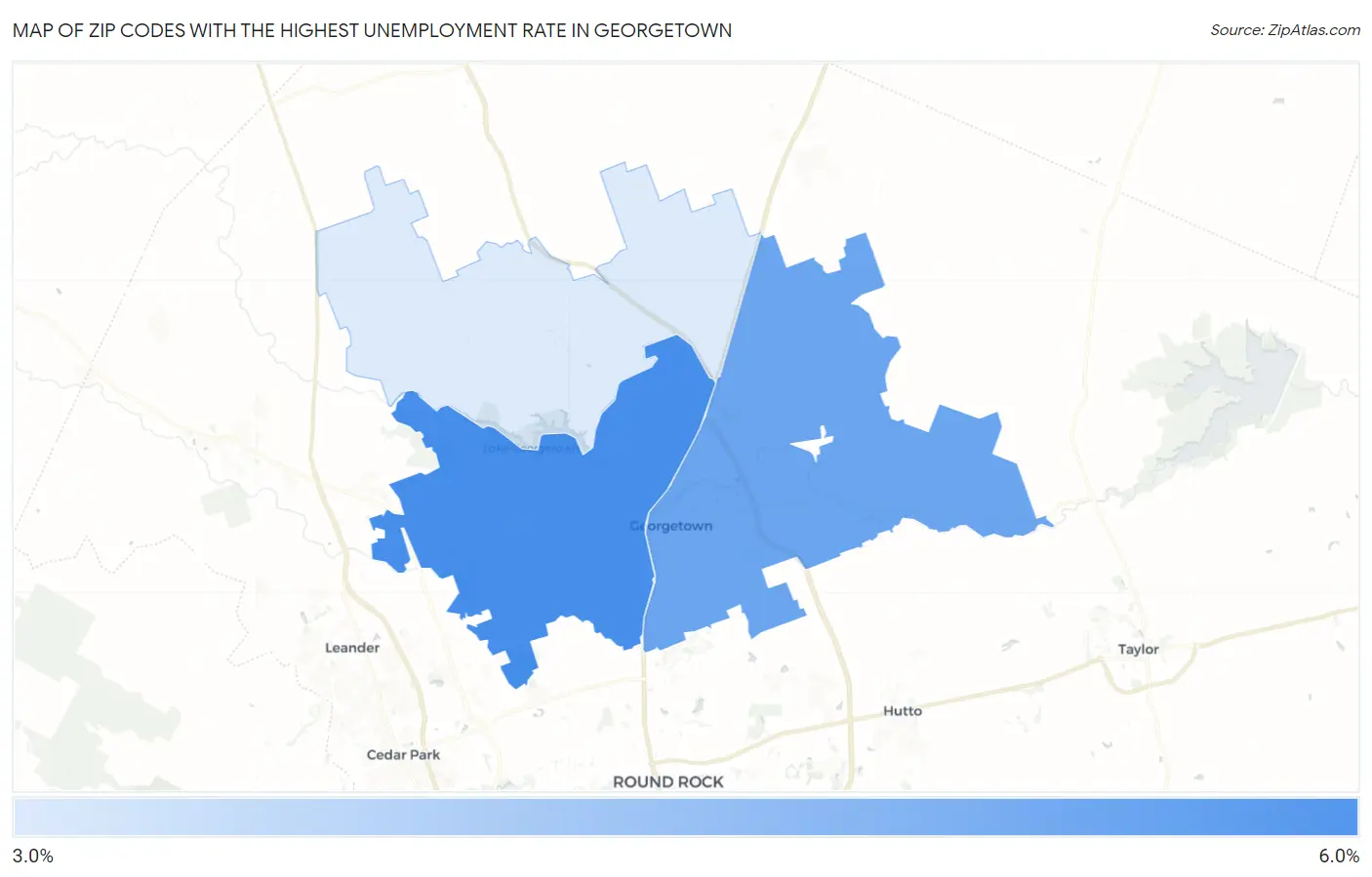 Zip Codes with the Highest Unemployment Rate in Georgetown Map