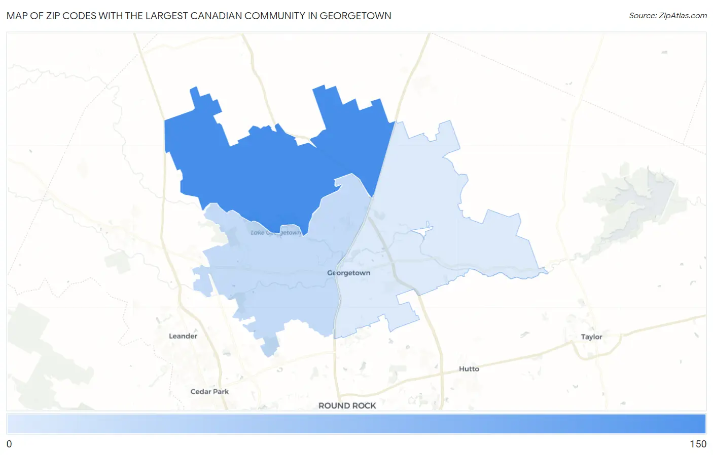 Zip Codes with the Largest Canadian Community in Georgetown Map