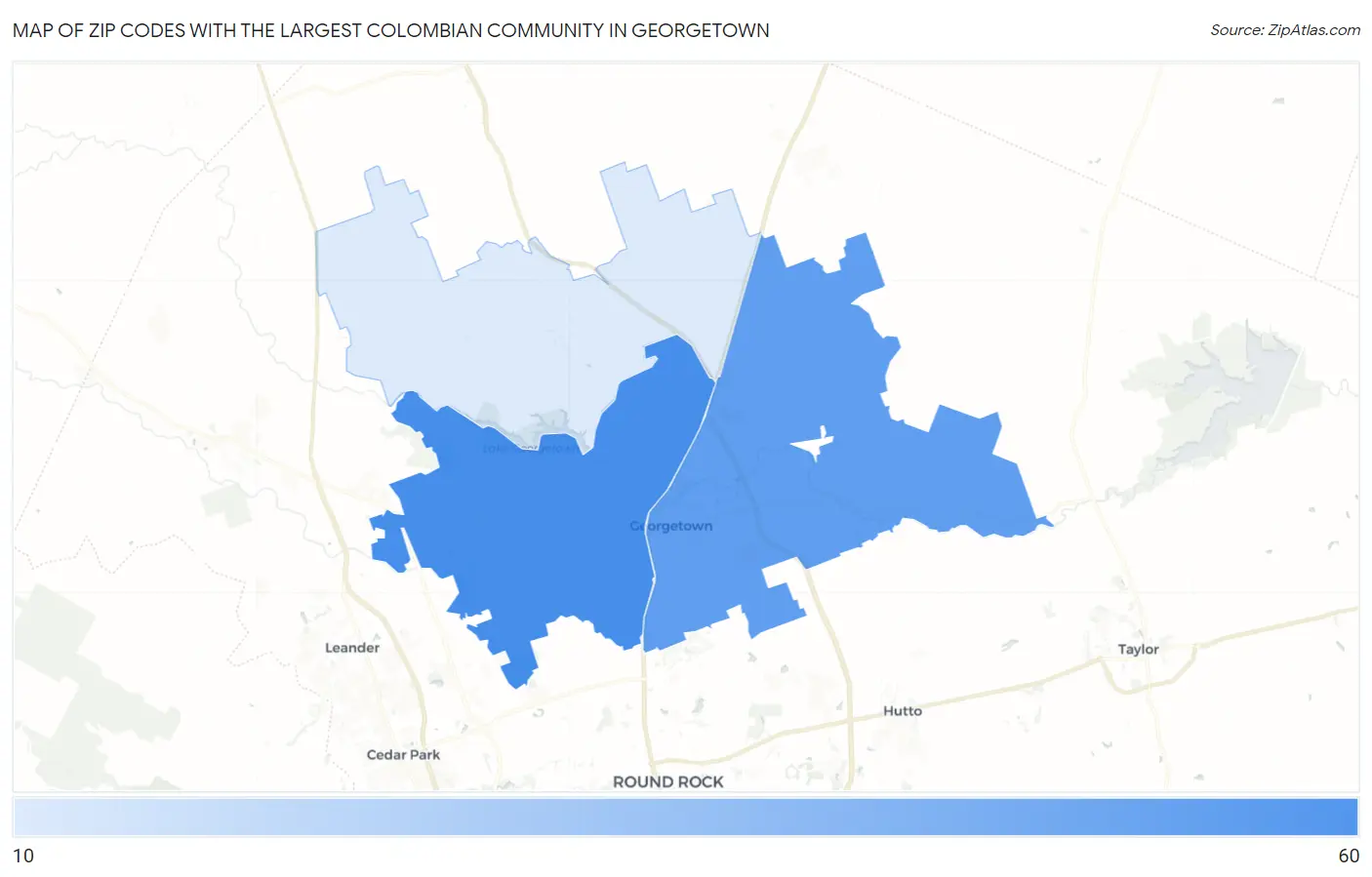 Zip Codes with the Largest Colombian Community in Georgetown Map