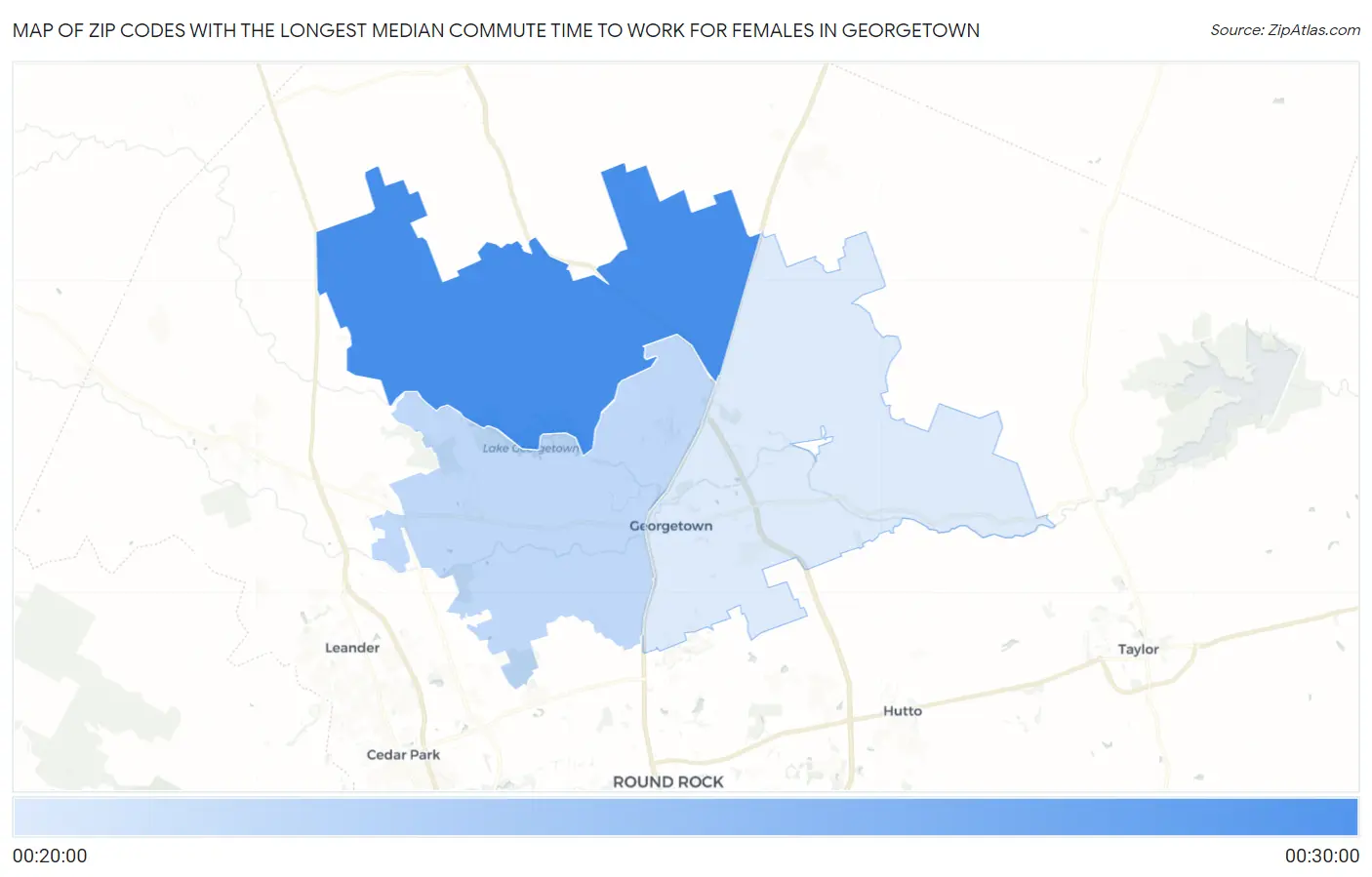 Zip Codes with the Longest Median Commute Time to Work for Females in Georgetown Map