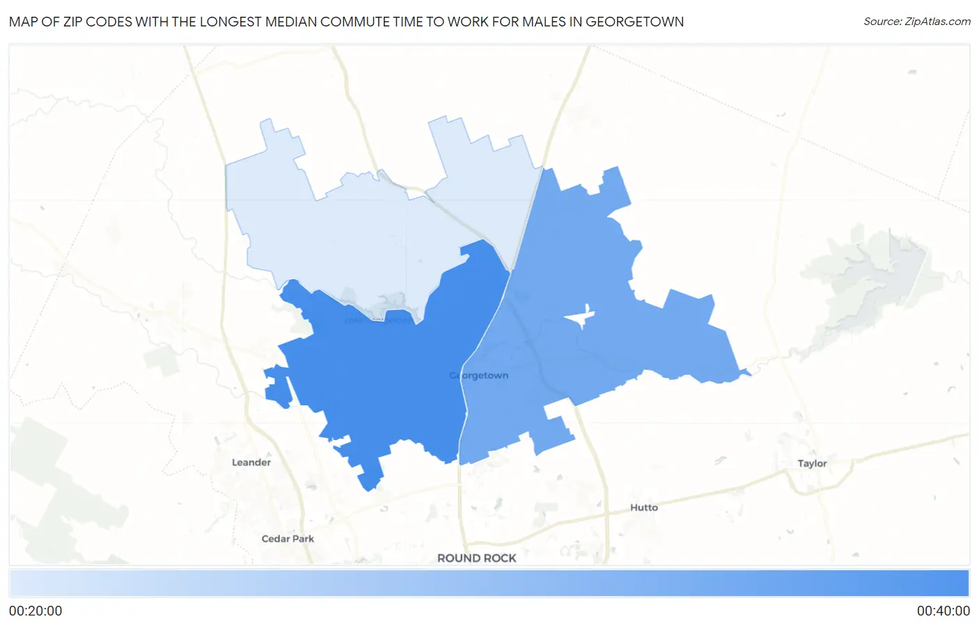 Zip Codes with the Longest Median Commute Time to Work for Males in Georgetown Map