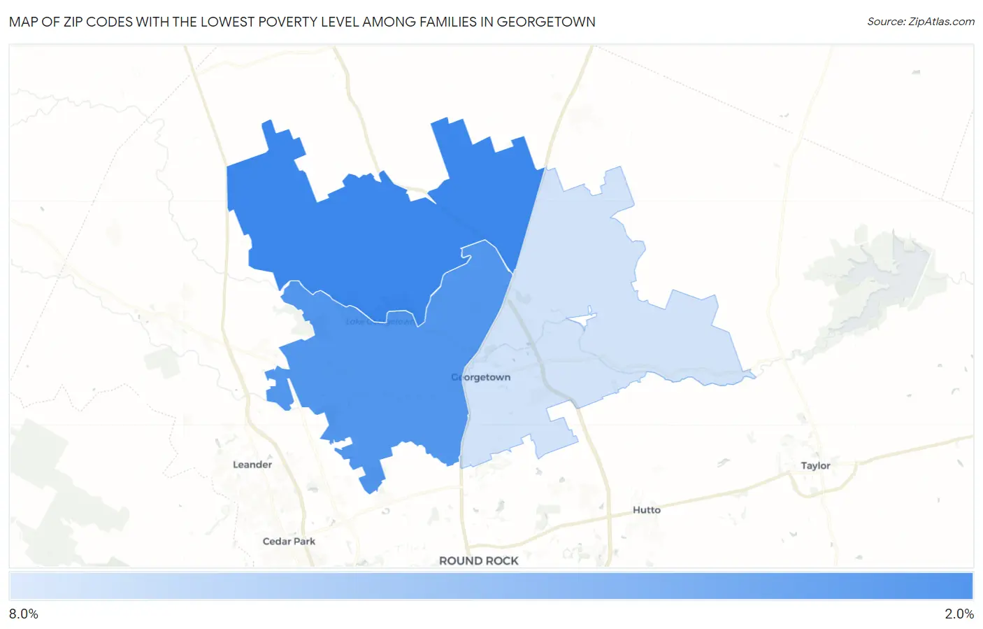 Zip Codes with the Lowest Poverty Level Among Families in Georgetown Map