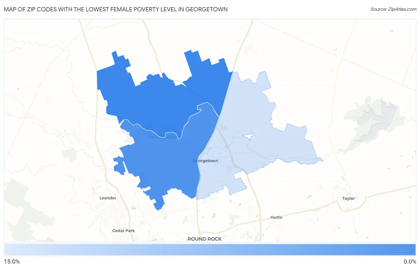 Zip Codes with the Lowest Female Poverty Level in Georgetown Map