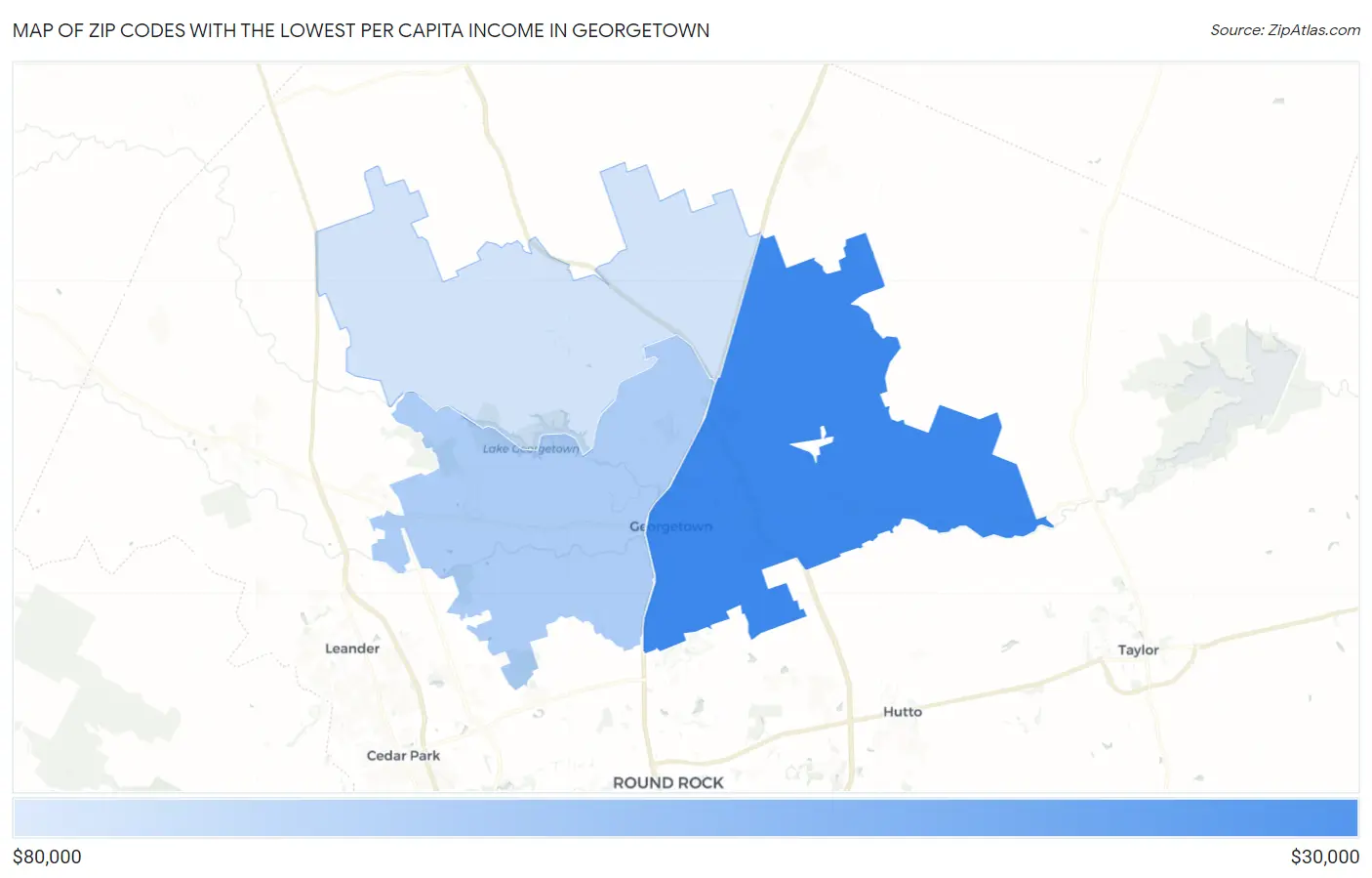 Zip Codes with the Lowest Per Capita Income in Georgetown Map